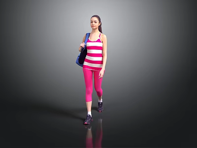 Sporty Female Wearing Striped Tank Top Pink Leggings Purple Sneakers And Blue Backpack 3d model