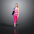 Sporty Female Wearing Striped Tank Top Pink Leggings Purple Sneakers And Blue Backpack
