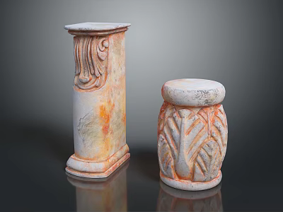 Two Decorative Stone Columns With Carved Leaf Motifs And Orange White Weathered Texture 3d model