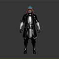 Game Movie Character Design With Blue Red Hood Black Coat White Sleeves And Purple Accessory