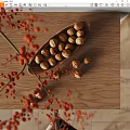 Decorative Ceramic Vessel Holding Nuts And Red Berries On Wooden Tray Surface