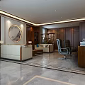 Elegant Modern Office With Wooden Cabinets Desk Computer Sofa Decorative Painting And Green Plant