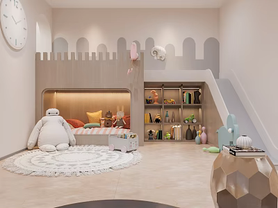 Playroom Interior With Castle Shaped Bed Big White Plush Doll Bookshelves And Staircase 3d model