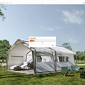 Camping White Tent on Green Grass with Trees Interior Sofa and Outdoor Chairs