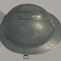 Vintage Military Helmet With Metal Construction And Emblem On Display Stand