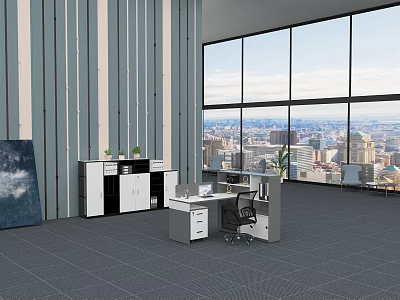 Modern Office Desk Interior With Large Windows City View Cabinets And Chair 3d model