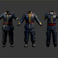 Three Sets of Blue Military Uniforms with Gold Buttons Red Belts and Badges