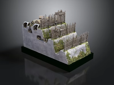 Medieval Defensive Fortress Model With Stone Walls Wooden Fences And Green Vegetation 3d model