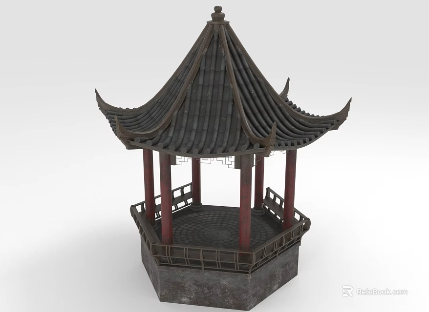 Traditional Chinese Pavilion with Curved Black Tile Roof Red Pillars Square Stone Base and Railing 3d model 