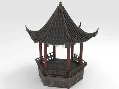 Traditional Chinese Pavilion with Curved Black Tile Roof Red Pillars Square Stone Base and Railing 3d model