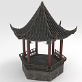 Traditional Chinese Pavilion with Curved Black Tile Roof Red Pillars Square Stone Base and Railing
