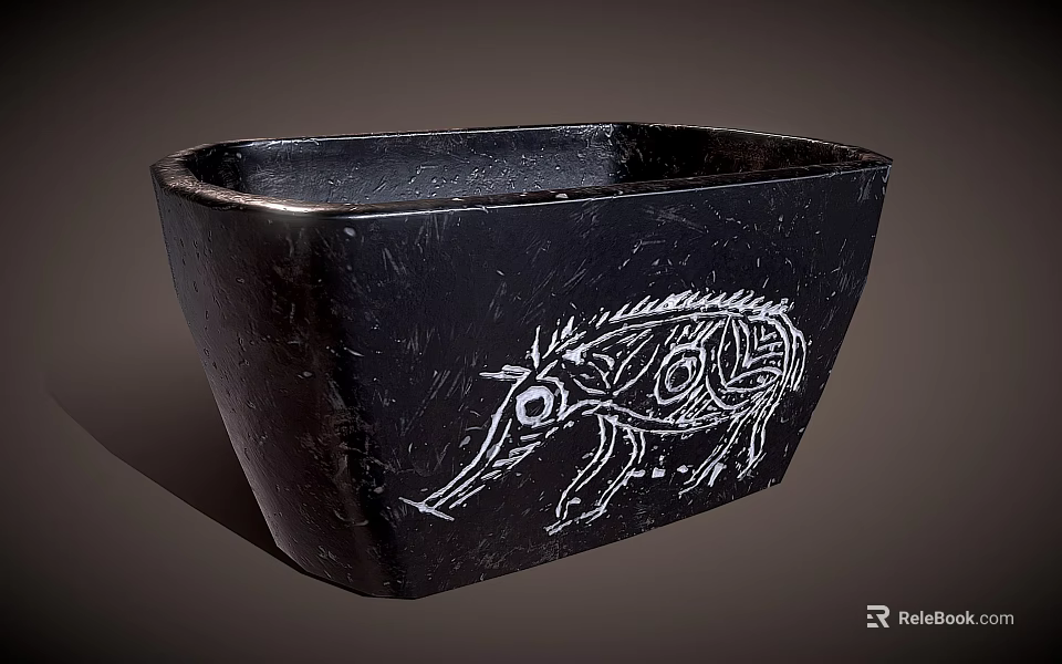 Black Square Ceramic Vessel With Intricate White Wild Boar Pattern Design 3d model 