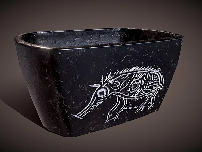 Black Square Ceramic Vessel With Intricate White Wild Boar Pattern Design 3d model