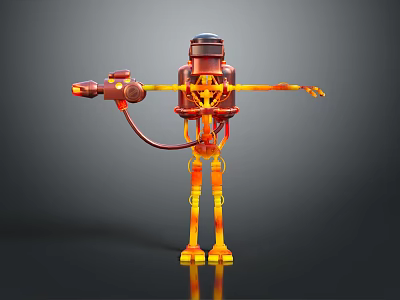 Game And Movie Robot Character With Metallic Body Orange Yellow Details And Extended Mechanical Arms 3d model