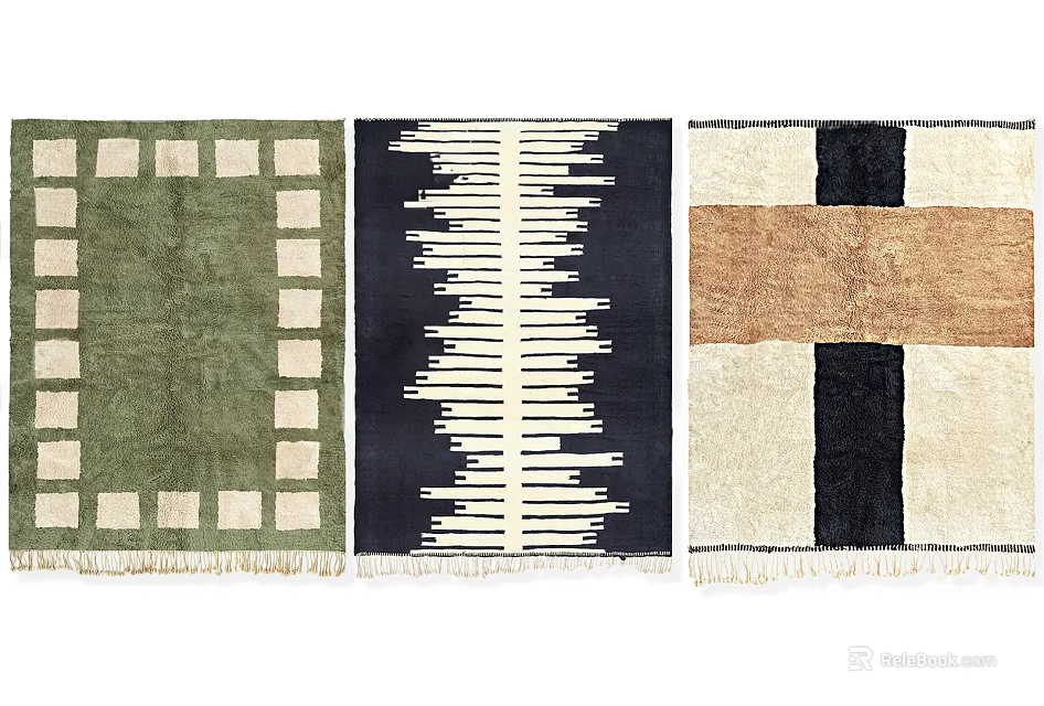 Three Modern Rugs With Geometric Patterns Green Blue Beige Brown Black Designs 3d model