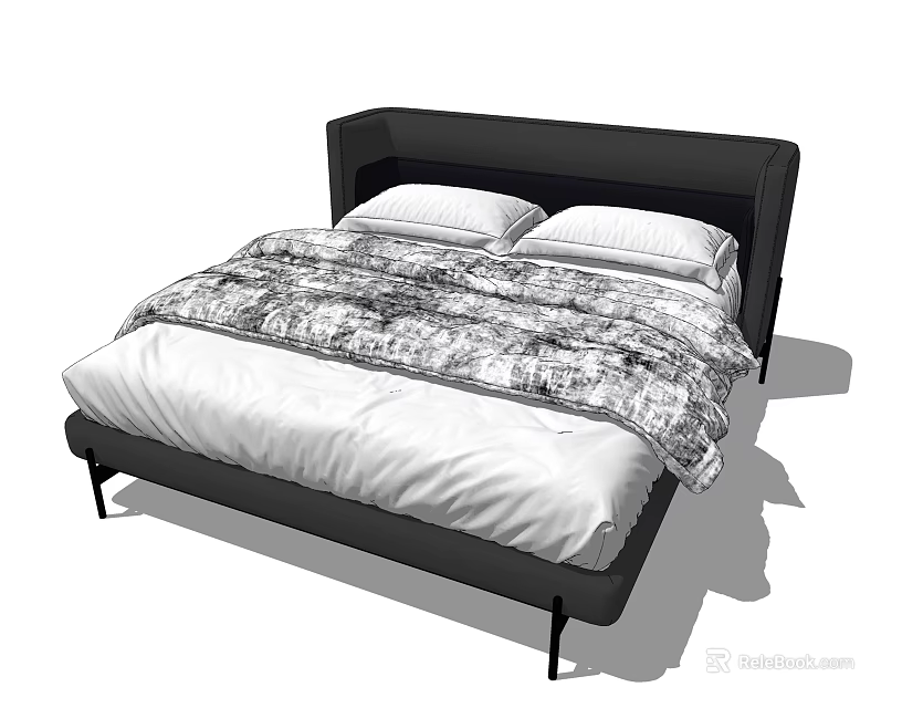 Double Bed with Black Headboard White Mattress Patterned Blanket and Slim Metal Legs Design 3d model 