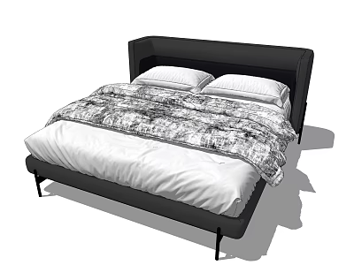 Double Bed with Black Headboard White Mattress Patterned Blanket and Slim Metal Legs Design 3d model