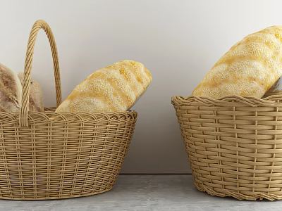 Woven Storage Baskets Storing Fresh Bread On Kitchen Countertop With Natural Rattan Design 3d model