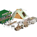 Camping Camp With Green Food Truck Tent And Picnic Area On Grassland