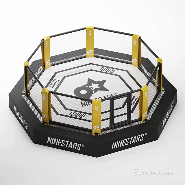 NINESTARS Octagon Fighting Cage With Black Frame Yellow Posts And White Mat Structure 3d model 