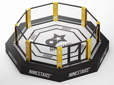 NINESTARS Octagon Fighting Cage With Black Frame Yellow Posts And White Mat Structure 3d model