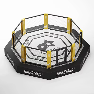 NINESTARS Octagon Fighting Cage With Black Frame Yellow Posts And White Mat Structure 3d model