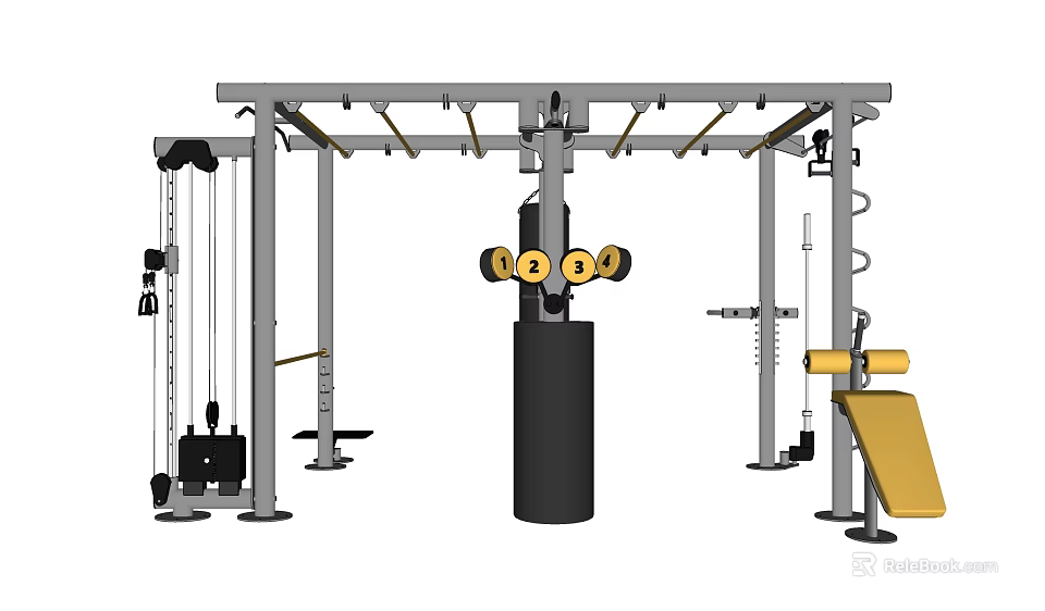 Multi Functional Sports Training Equipment With Punching Bag Weight Racks Seat And Resistance Bands 3d model 