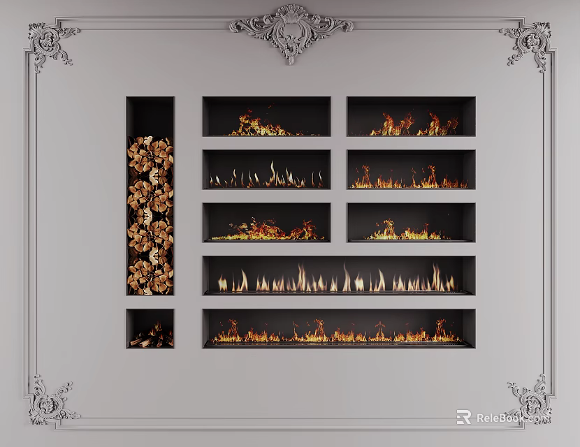 Ornate Fireplace With Multiple Flame Patterns And Decorative Frame Interior Design 3d model 