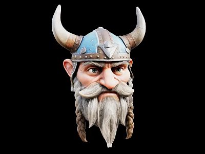 Viking Style Decorative Ornament Set Featuring Horned Helmet Head Sculpture With Braided Beard 3d model