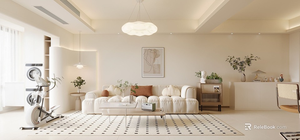 Modern Living Dining Room Interior With White Sofa Coffee Table Chandelier And Artwork 3d model 