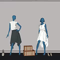 Fashion Mannequins in Blue and White Outfits with Suitcase Handbag and Shoes
