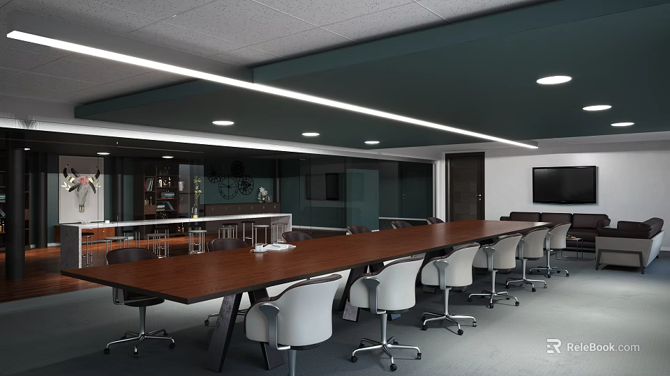 Spacious Modern Conference Room Interior With Long Wooden Table White Chairs And Ceiling Lights 3d model 
