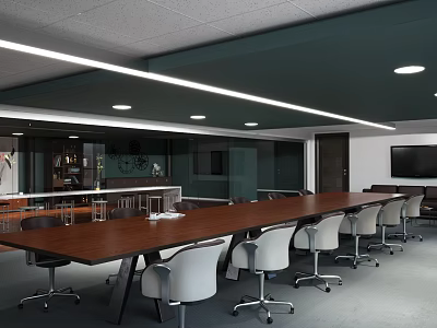 Spacious Modern Conference Room Interior With Long Wooden Table White Chairs And Ceiling Lights 3d model