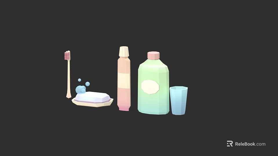 Pastel Colored Bathroom Accessories Set with Toothbrush Soap Bottle and Cup 3d model 