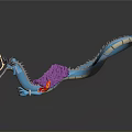 Blue Dragon Like Game Movie Character With Long Curved Body Purple Mane And Red Flames