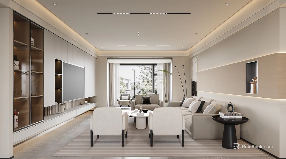 Modern Living Dining Room Interior With Sofa Coffee Table And Floor To Ceiling Windows 3d model 