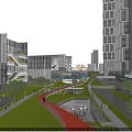 Modern Office Buildings With Glass Curtain Walls Connecting Bridge Green Lawn Red Pathway And Trees