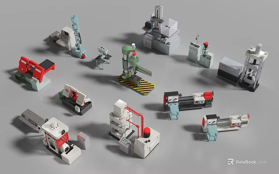 Assorted Industrial Equipment Models Including Lathe Milling Machine Robotic Arm And Drill Press 3d model 