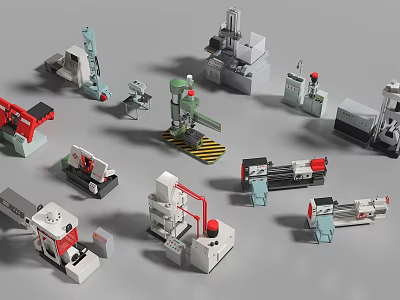 Assorted Industrial Equipment Models Including Lathe Milling Machine Robotic Arm And Drill Press 3d model