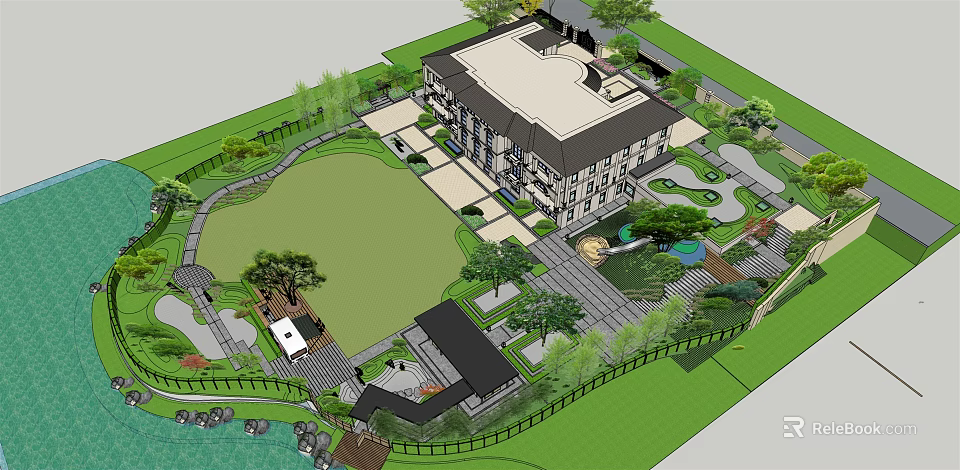Elegant Garden Landscape Design Featuring Building Green Lawn Trees Pathways And Water Features 3d model 