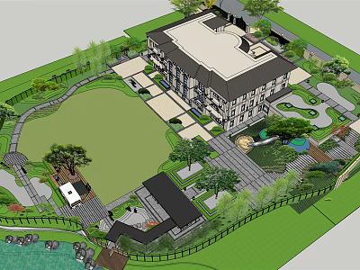 Elegant Garden Landscape Design Featuring Building Green Lawn Trees Pathways And Water Features 3d model