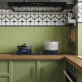 Stylish Retro Green Kitchen With Wooden Countertop Decorative Wall Tiles And Well Equipped Home Appliances