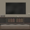 Classic Dark Wood TV Stand With Arched Storage Holding Large TV Radio And Vase Decor