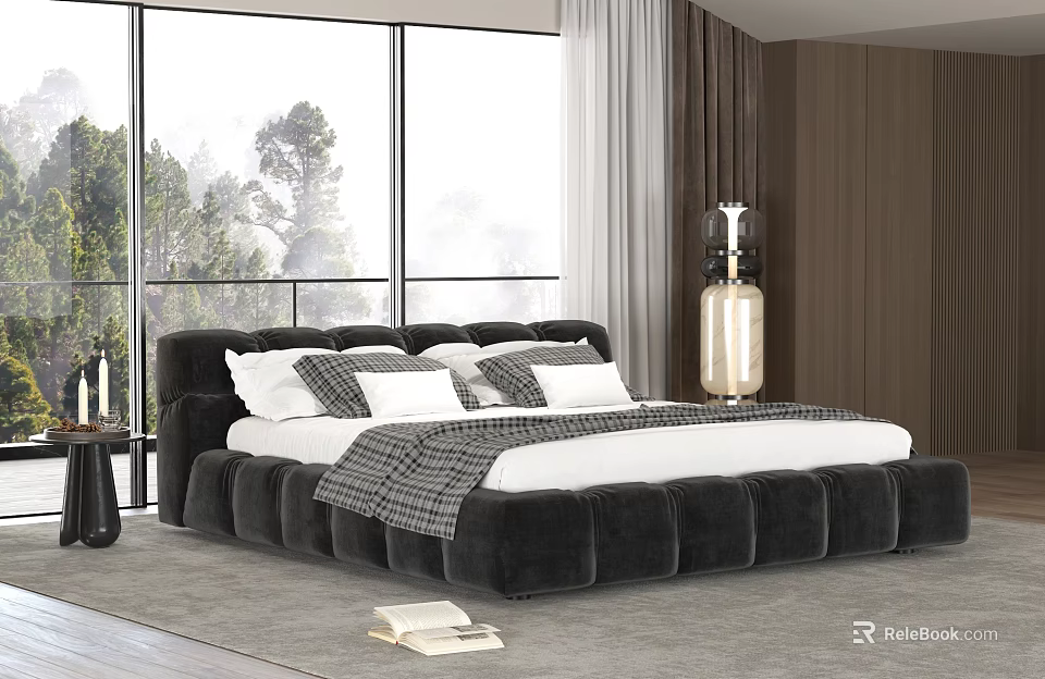 Modern Black Double Bed With White Pillows Plaid Blanket And Large Windows Trees Outside 3d model 