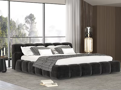 Modern Black Double Bed With White Pillows Plaid Blanket And Large Windows Trees Outside 3d model