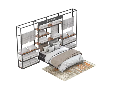 Modern Bedding Display With Gray White Sheets On Storage Shelves And Bed Setup 3d model