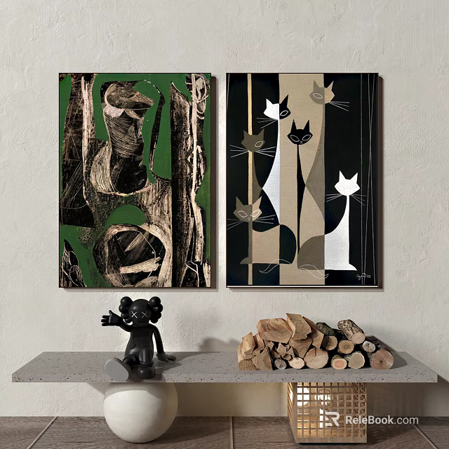 Abstract Paintings Featuring Green Brown Patterns And Abstract Cat Figures With Vertical Stripes 3d model