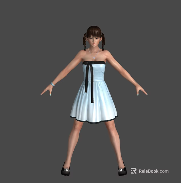 Woman in Strapless Light Blue Dress With Black Bow Double Ponytails Arms Outstretched Grey Background 3d model 