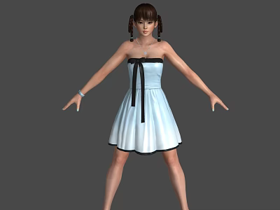 Woman in Strapless Light Blue Dress With Black Bow Double Ponytails Arms Outstretched Grey Background 3d model