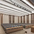 Spacious Modern Conference Room With Rows Of Chairs Large LED Screen And Blue Tech Pattern